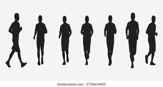 Eine vielfältige Gruppe von Männern in Bewegung, als Silhouetten gefangen, die verschiedene Lauf- und Joggingposen zeigen. Ideal für Gesundheit, Fitness und aktive Lifestyle-Themen.