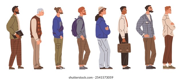 Diverso grupo de hombres de pie en línea, cada uno en diferentes trajes que van desde casual a formal. Se representan varias edades y estilos. Ideal para diversidad, moda, colas, situaciones sociales, edad