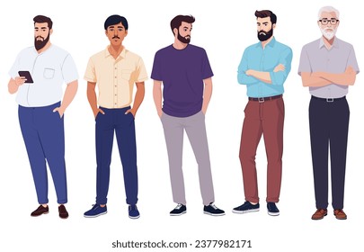 Diverse group of men standing together in casual clothes isolated white background.