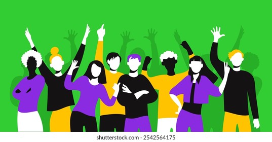 Diverse group of men and women of different nationalities celebrating joyfully. Set of silhouettes of happy people, arms raised or hugging each other. Simple flat illustration