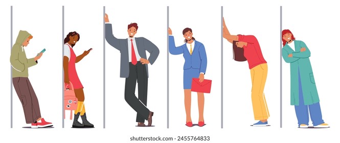 Diverse Group Of Men And Women Leaning Against Walls, Each Exuding A Distinct Demeanor. Some Characters Relaxed, Others Contemplative Or Weary, Hold Bags Or Gadgets. Cartoon People Vector Illustration