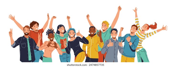 Diverse group of men and women of various ethnicities, joyfully celebrating. Smiling faces, arms raised or around each other. Simple uncluttered background highlights their unity and happiness.