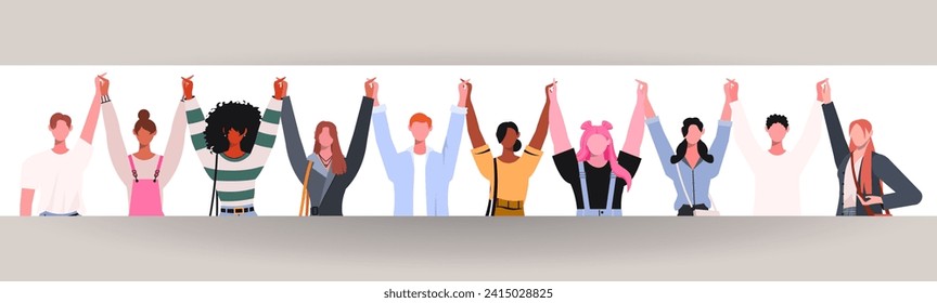 A diverse group of modern men and women stand together, holding hands. They convey the concept of teamwork, unity, friendship, and support. 