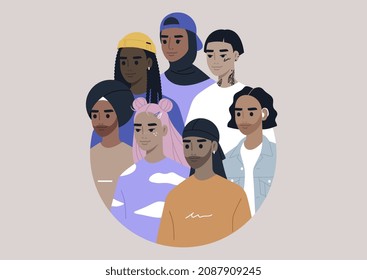 A diverse group of modern millennial characters wearing stylish clothes and accessories drawn in a circle