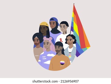 A diverse group of modern millennials with a rainbow flag drawn in a circle, people wearing LGBTQ community signs and symbols