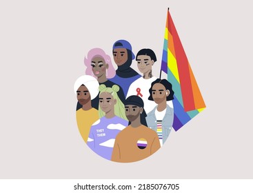 A Diverse Group Of Modern Millennials With A Rainbow Flag Drawn In A Circle, People Wearing LGBTQ Community Signs And Symbols