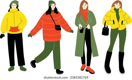 Diverse group of modern women wearing trendy winter clothes. Casual stylish city street style fashion outfits. Hand drawn characters colorful vector illustration.