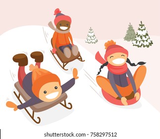 Diverse group of multicultural boys and girl sliding down on rubber tubes and sledge in winter park. Asian, African and Caucasian kids enjoying a sleigh ride. Vector isolated cartoon illustration.