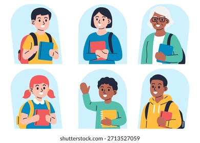 Diverso grupo de estudiantes multiculturales y personajes sénior retratos para la Educación