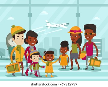 Diverse group of multiethnic tourists in warm winter and summer clothes walking at the airport. African-american families with kids meeting at the airport. Vector cartoon illustration.