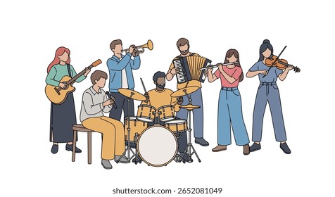 Um grupo diversificado de músicos tocando vários instrumentos juntos em harmonia