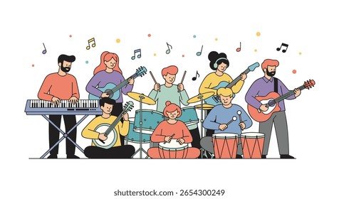 Grupo diversificado de músicos tocando vários instrumentos juntos em harmonia