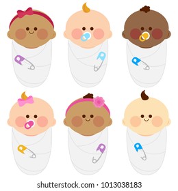 Diverse Group Of Newborn Babies Wrapped In Cloth. Vector Illustration