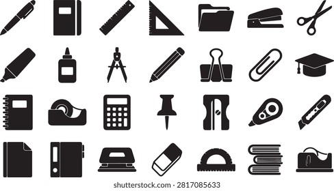 Diverse group of office and school supplies featuring writing implements measuring tools fastening devices cutting instruments and organizational items essential for administrative tasks and academic activities.