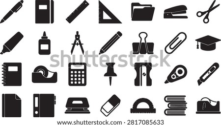 Diverse group of office and school supplies featuring writing implements measuring tools fastening devices cutting instruments and organizational items essential for administrative tasks and academic activities.