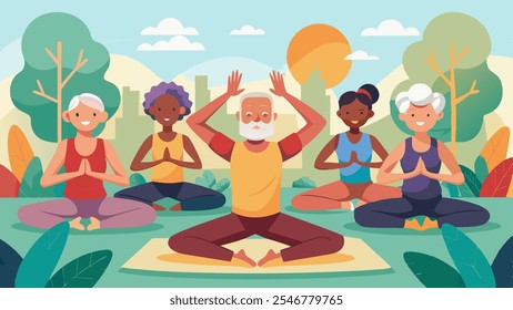 Diverse group of older adults enjoying a yoga session in a sunny park; Promoting health and wellness for seniors; Focus on community and outdoor activity