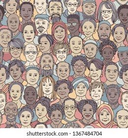 Diverse group of older people 50+ - seamless pattern with hand drawn faces, senior citizens of various ethnicities