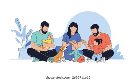 Diverse group of parents and children enjoying time together with a dog in a park on a sunny day