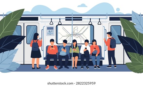 Diverse group of passengers sitting and standing inside a metro carriage and looking at their smartphones during commute.