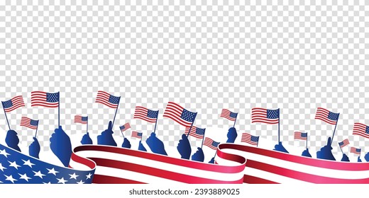 Diverse Group Of Patriot Hand Waving Small American Flags with waving USA flag on transparent background. Vector illustration. 
