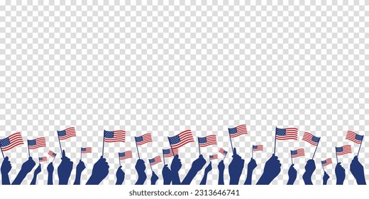 Diverse Group Of Patriots Hand Waving Small American Flag banner template on transparent background. Vector illustration.