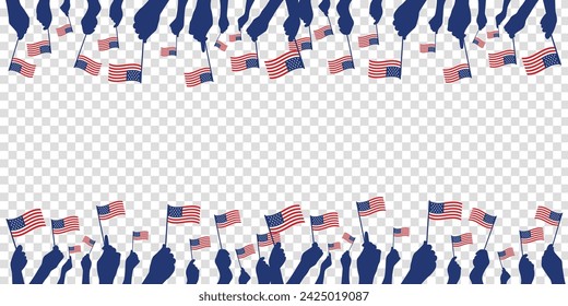 Diverse Group Of Patriots Hand Waving Small American Flag banner template on transparent background. Vector illustration.