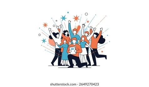 Diverse group of people celebrating success with confetti and stars in a vibrant illustration style depicting teamwork and achievement