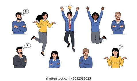 Pessoas de grupos diversos celebrando ideias de sucesso e confusão expressas