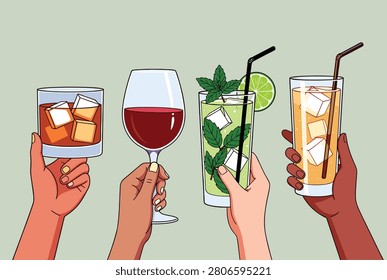 Diverse group of people celebrating together by raising their glasses of various alcoholic beverages in a toast against a plain background.