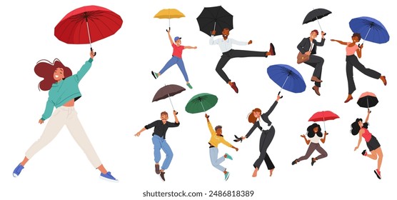 Diverse Group Of People Character Flying In The Air Using Colorful Umbrellas. Cartoon Vector The Image Conveys A Sense Of Joy, Celebration, And Freedom. Concepts Happiness, Unity, And Imagination