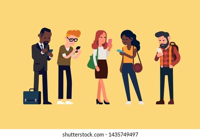 Diverse group of people checking their phones. Screen time, text neck and technology impact on daily life vector concept illustration