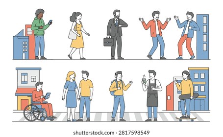 Diverse group of people in a city environment including a person in a wheelchair and a skateboarder depicted in a modern flat style.