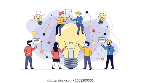 Diverse group of people collaborating around a giant glowing lightbulb representing shared ideas and innovation in a modern business setting