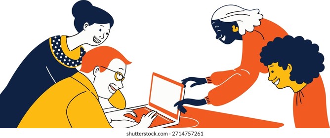 Un grupo diverso de personas que colaboran alrededor de un ordenador portátil, trabajando juntos en un proyecto con una ilustración de la bombilla de luz por encima, aislado en fondo transparente.