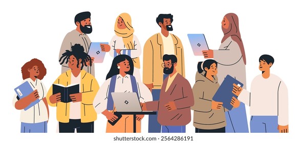 Diverse group of people collaborating on projects. Illustration depicts a team of men and women holding laptops books and documents in a casual setting