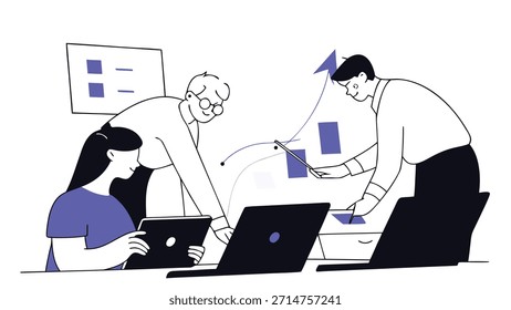 A diverse group of people collaborating on a project, using laptops and a whiteboard with sticky notes, isolated on transparent background.