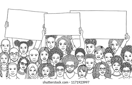 Diverse group of people of color holding empty signs, black and white illustration