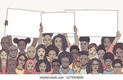 Diverse group of people of color holding empty signs