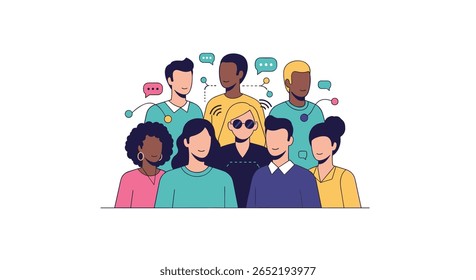 Diverse group of people communicating through speech bubbles representing connection and understanding among different individuals