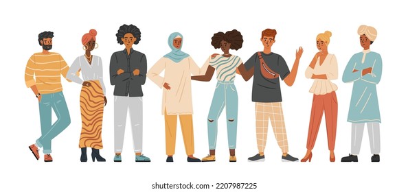 Diverso grupo de personas concepto ilustración vectorial. Equipo multinacional de negocios y multirracial. Hombre y mujer de varias razas con ropa informal. Comunidad de personas diferentes