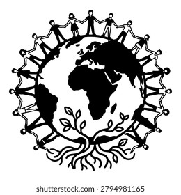 Diverse group of people connected around planet earth map illustration, global unity concept vector.
