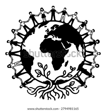 Diverse group of people connected around planet earth map illustration, global unity concept vector.