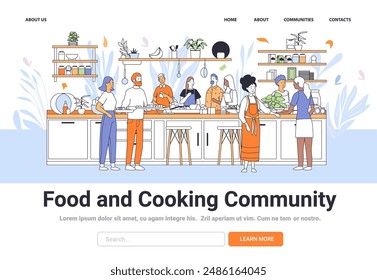 Diverse group of people cooking together in a modern kitchen with shelves plants and utensils. Community culinary teamwork social activity