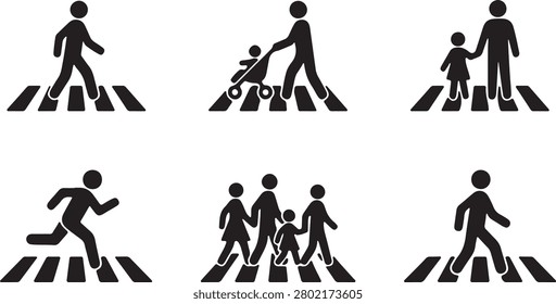 Diverse group of people crossing pedestrian crosswalks. vector illustration set demonstrating road safety and traffic regulation. various individuals and families traversing marked street areas. essential for urban planning and public safety designs. crosswalk icons for signage.