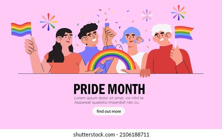 Diverse group of people or crowd holding posters, placards, symbols, signs and colorful flags and lgbt rainbows on gay parade, pride month or festival celebrate pride month web banner, poster. 