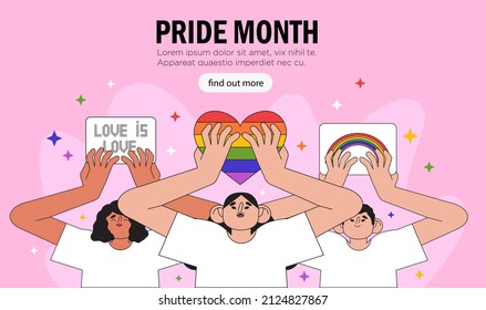 Diverse group of people or crowd holding posters, placards, symbols, signs and colorful flags and lgbtq rainbows on gay parade, pride month or festival celebrate pride month web banner, poster.