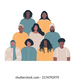 Diverse group of people. Crowd of people. Stronger together concept. Solidarity of different men and women. Different human silhouettes. Vector illustration