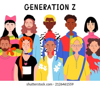 Diverse group of people of different gender and ethnicity. Community concept. Street style, fashion, hipster.