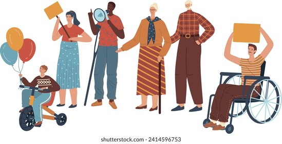 Diverse group of people with disabilities holding signs and balloons. Inclusion and equality in society vector illustration.