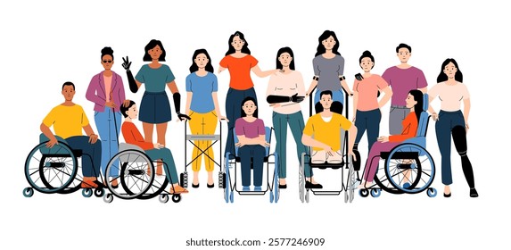 Diverse group of people with disabilities and prosthetics. Individuals standing, sitting in wheelchairs showing inclusion and empowerment. Cartoon vector illustration.